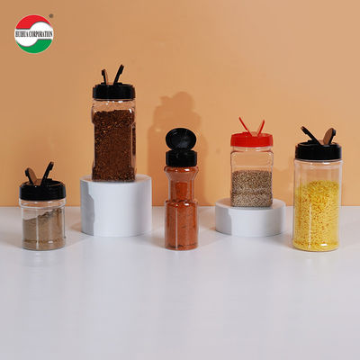 Flip Top PET ecológico Condimento Jar de plástico Cuadrado Especias rojas / negras enlatadas