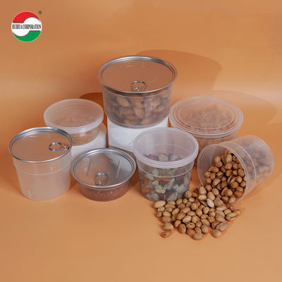 Cuenco de plástico de grado alimenticio de fábrica de botellas de plástico transparente PP, resistente a altas temperaturas con tapa fácil de abrir de aluminio EOE para galletas, alimentos húmedos para mascotas, lata de plástico