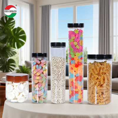 Tarro de plástico cilíndrico transparente de grado alimenticio de buena calidad, tarro de PET con tapa de rosca para dulces blandos, alimentos, galletas y fideos