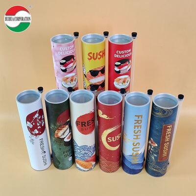 Papel de artesanía de calidad alimentaria ecológica Sushi Push Pop Roll cilindro de embalaje para llevar Sushi Roll Tubos de estampado en caliente