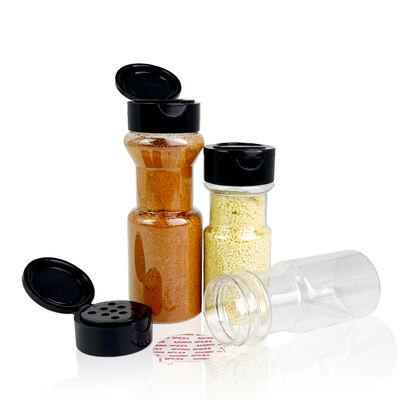 Botella de especias con tapas agitadoras, salero y pimentero con tapa abatible / Contenedor de condimentos de plástico PET